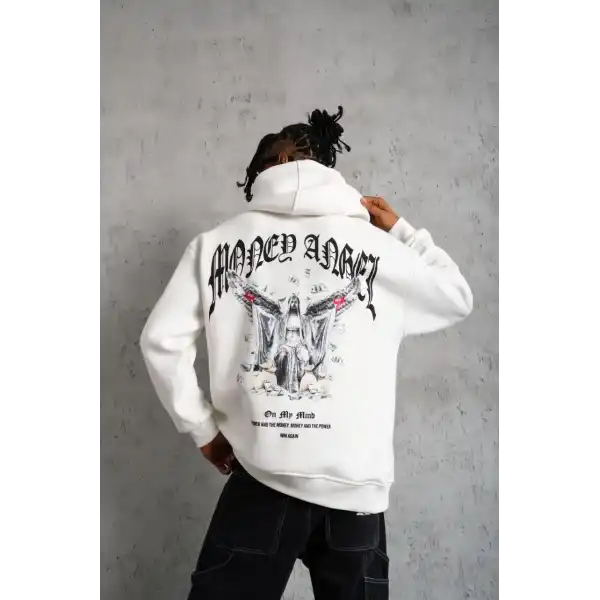 Erkek 3 İplik Pamuklu Baskılı Kapüşonlu Cepli Sweatshirt Hoodie - Beyaz