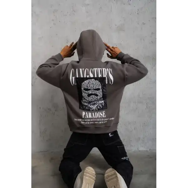 Erkek 3 İplik Pamuklu Baskılı Kapüşonlu Cepli Sweatshirt Hoodie - Gri