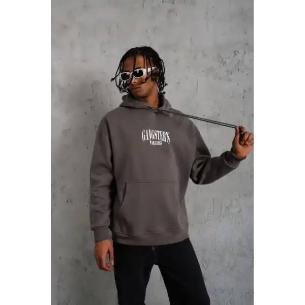 Erkek 3 İplik Pamuklu Baskılı Kapüşonlu Cepli Sweatshirt Hoodie - Gri
