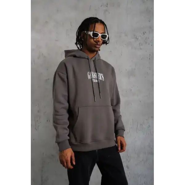Erkek 3 İplik Pamuklu Baskılı Kapüşonlu Cepli Sweatshirt Hoodie - Gri