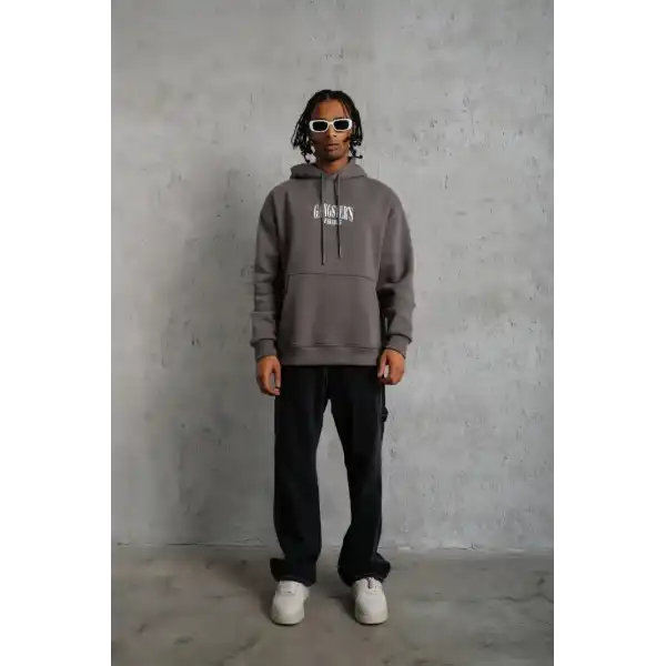 Erkek 3 İplik Pamuklu Baskılı Kapüşonlu Cepli Sweatshirt Hoodie - Gri