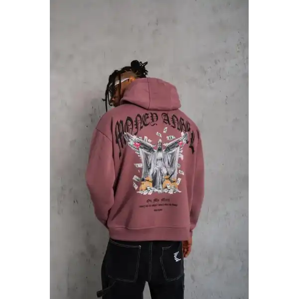 Erkek 3 İplik Pamuklu Baskılı Kapüşonlu Cepli Sweatshirt Hoodie - Gül Kurusu