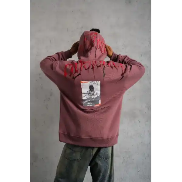 Erkek 3 İplik Pamuklu Baskılı Kapüşonlu Cepli Sweatshirt Hoodie - Gül Kurusu