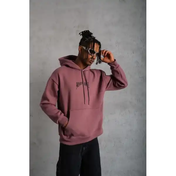 Erkek 3 İplik Pamuklu Baskılı Kapüşonlu Cepli Sweatshirt Hoodie - Gül Kurusu