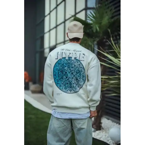 Erkek 3 İplik Pamuklu Bisiklet Yaka Baskılı SweatShirt - Beyaz