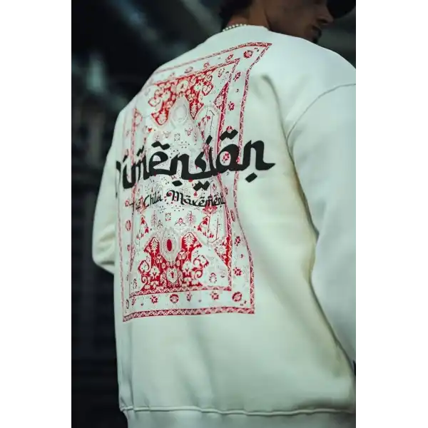 Erkek 3 iplik Pamuklu Bisiklet Yaka Baskılı SweatShirt - Beyaz