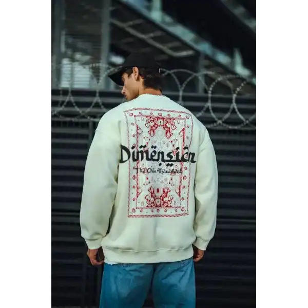 Erkek 3 iplik Pamuklu Bisiklet Yaka Baskılı SweatShirt - Beyaz