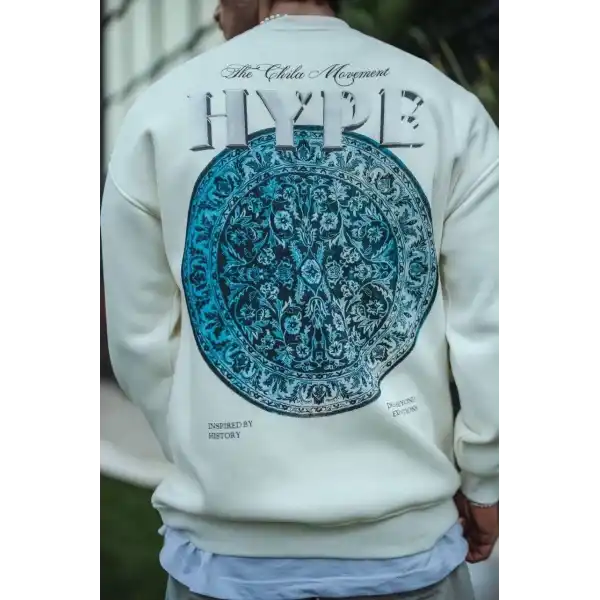 Erkek 3 İplik Pamuklu Bisiklet Yaka Baskılı SweatShirt - Beyaz