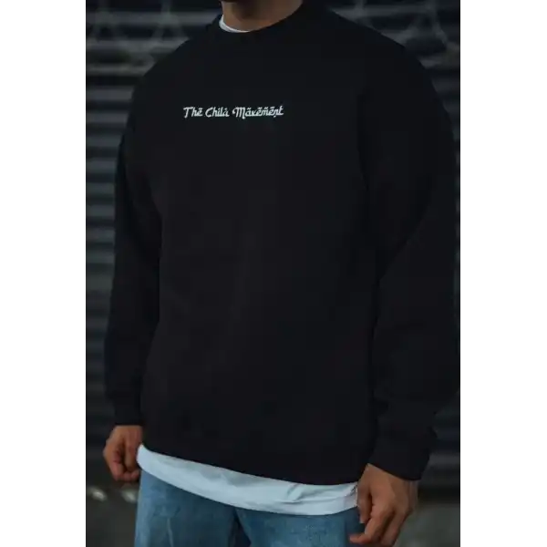 Erkek 3 iplik Pamuklu Bisiklet Yaka Baskılı SweatShirt - Siyah
