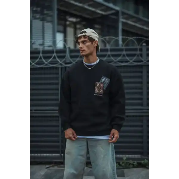 Erkek 3 iplik Pamuklu Bisiklet Yaka Baskılı SweatShirt - Siyah