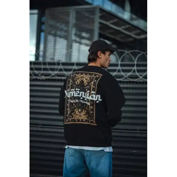 Erkek 3 iplik Pamuklu Bisiklet Yaka Baskılı SweatShirt - Siyah