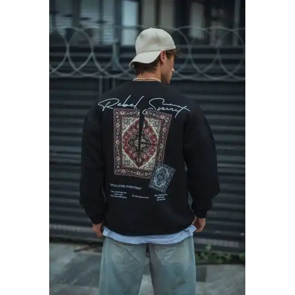 Erkek 3 iplik Pamuklu Bisiklet Yaka Baskılı SweatShirt - Siyah