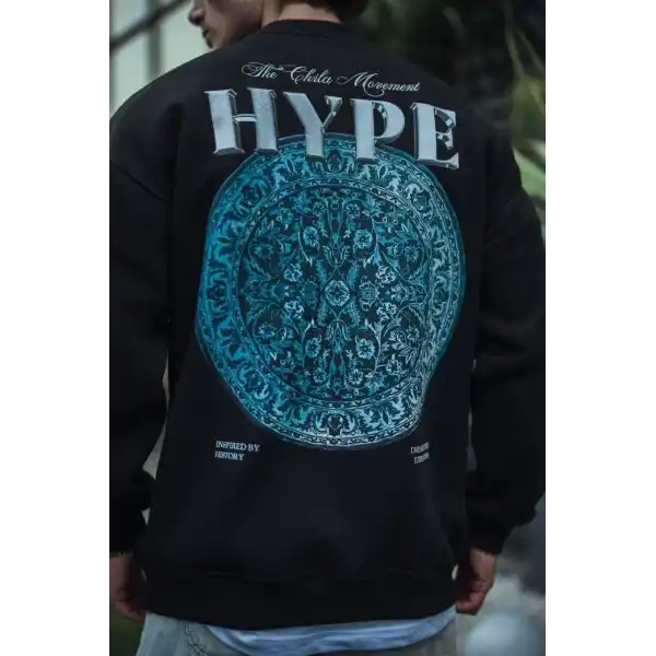 Erkek 3 İplik Pamuklu Bisiklet Yaka Baskılı SweatShirt - Siyah