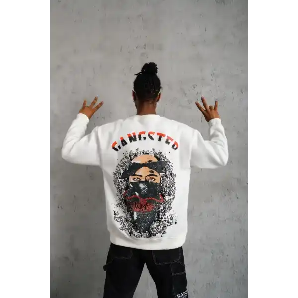 Erkek 3 İplik Pamuklu Bisiklet Yaka Gangster Baskılı Sweatshirt - Beyaz