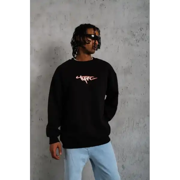 Erkek 3 İplik Pamuklu Bisiklet Yaka Gangster Baskılı Sweatshirt - Siyah