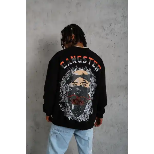 Erkek 3 İplik Pamuklu Bisiklet Yaka Gangster Baskılı Sweatshirt - Siyah