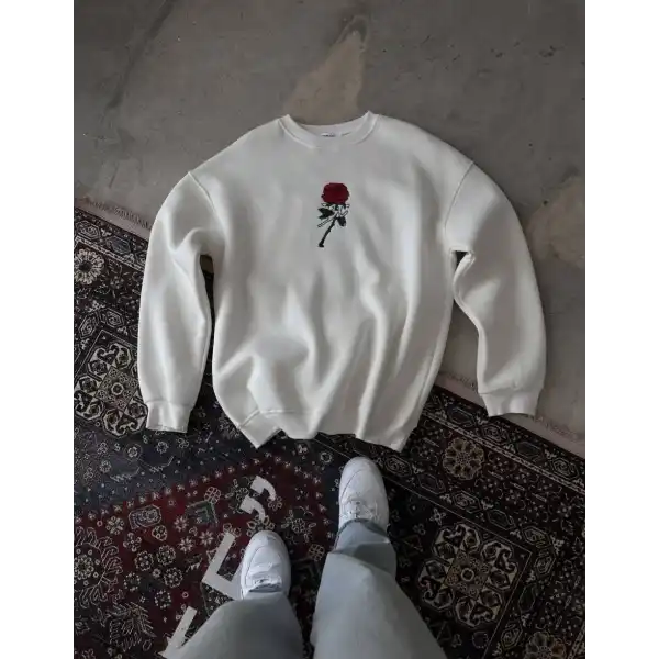ERKEK 3 iplik Pamuklu Bisiklet Yaka Ön Ve Arka Baskılı SweatShirt -  Beyaz