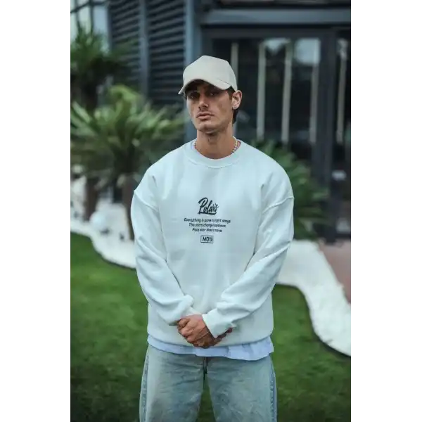 Erkek 3 iplik pamuklu Bisiklet Yaka Ön Ve Arka Baskılı SweatShirt - Beyaz