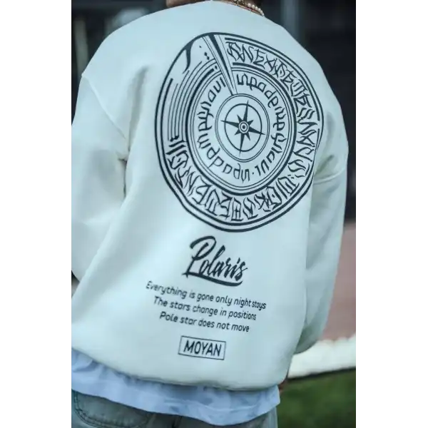 Erkek 3 iplik pamuklu Bisiklet Yaka Ön Ve Arka Baskılı SweatShirt - Beyaz