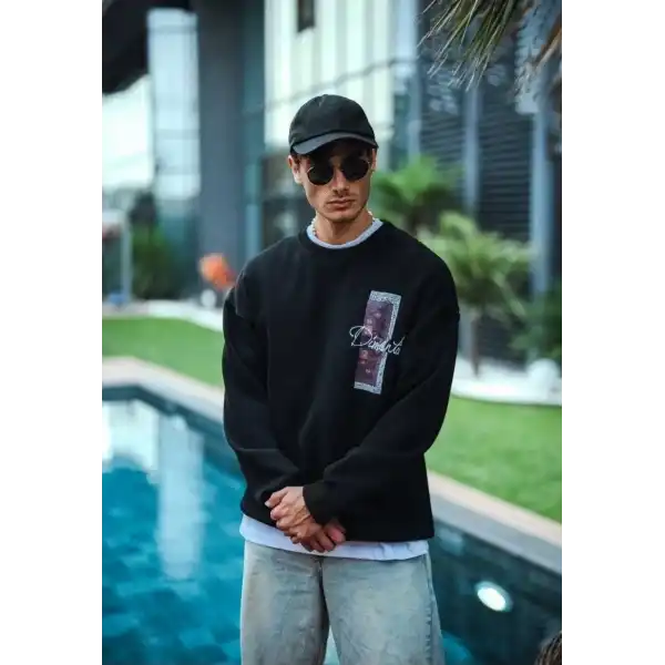 Erkek 3 iplik pamuklu Bisiklet Yaka Ön ve Arka Baskılı SweatShirt - Siyah