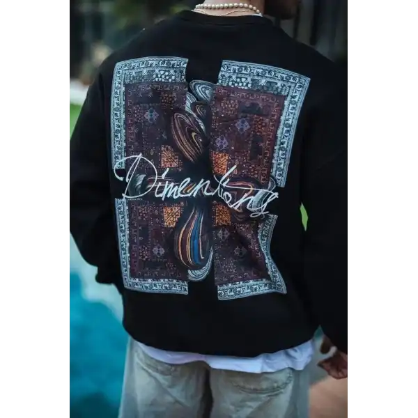 Erkek 3 iplik pamuklu Bisiklet Yaka Ön ve Arka Baskılı SweatShirt - Siyah