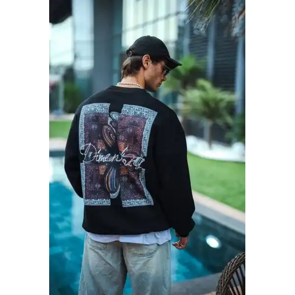 Erkek 3 iplik pamuklu Bisiklet Yaka Ön ve Arka Baskılı SweatShirt - Siyah