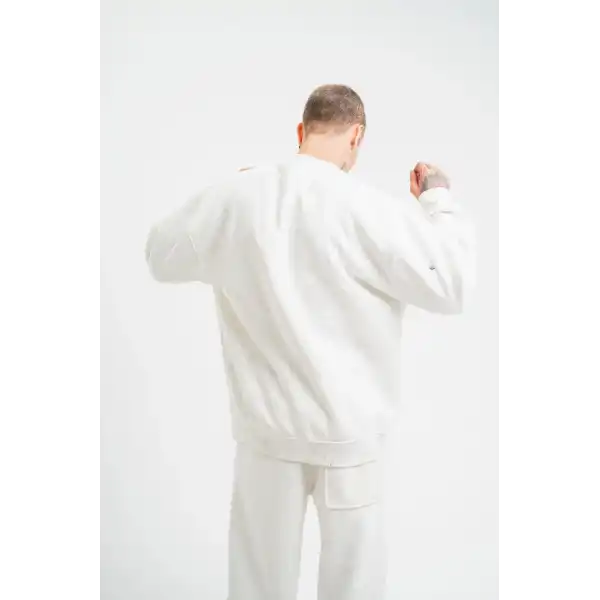 ERKEK 3 İplik Pamuklu Bisiklet Yaka Yıkamalı SweatShirt - Beyaz