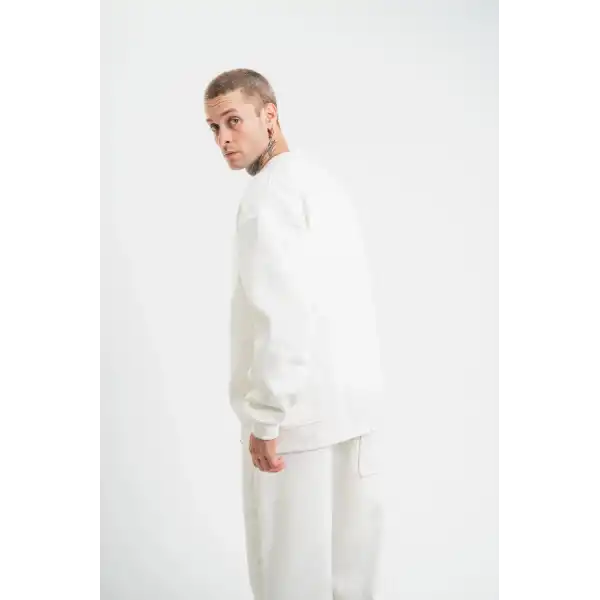 ERKEK 3 İplik Pamuklu Bisiklet Yaka Yıkamalı SweatShirt - Beyaz