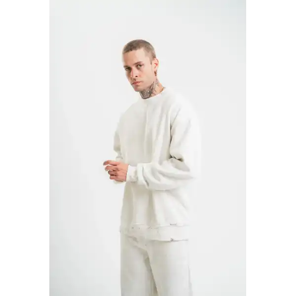 ERKEK 3 İplik Pamuklu Bisiklet Yaka Yıkamalı SweatShirt - Beyaz