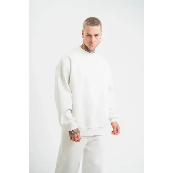 ERKEK 3 İplik Pamuklu Bisiklet Yaka Yıkamalı SweatShirt - Beyaz