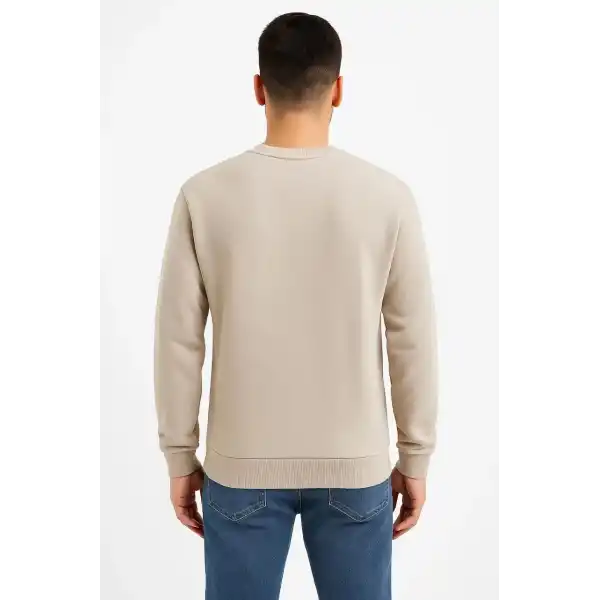 Erkek 3 İplik Pamuklu Düz Bisiklet Yaka SweatShirt - Bej
