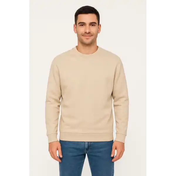 Erkek 3 İplik Pamuklu Düz Bisiklet Yaka SweatShirt - Bej