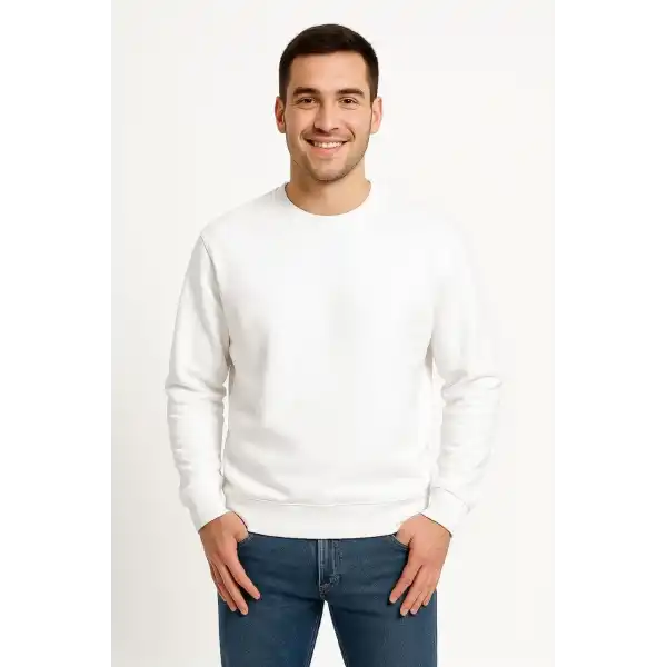 Erkek 3 İplik Pamuklu Düz Bisiklet Yaka SweatShirt - Beyaz