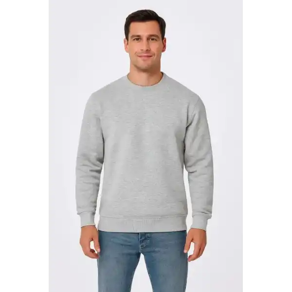 Erkek 3 İplik Pamuklu Düz Bisiklet Yaka SweatShirt - Gri