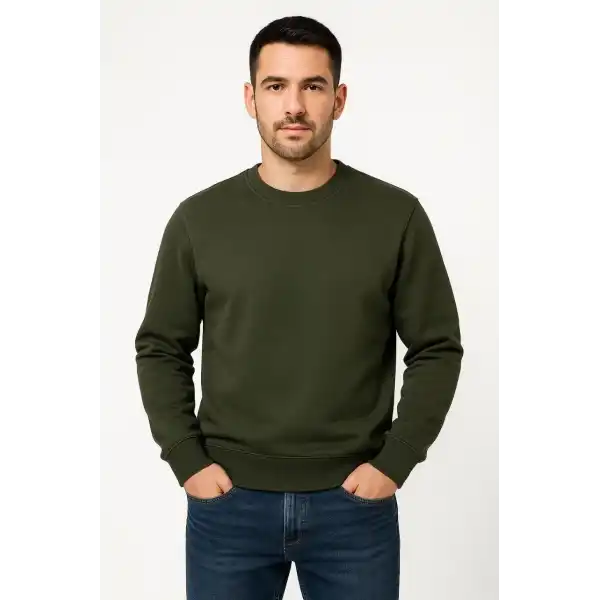 Erkek 3 İplik Pamuklu Düz Bisiklet Yaka SweatShirt - Haki
