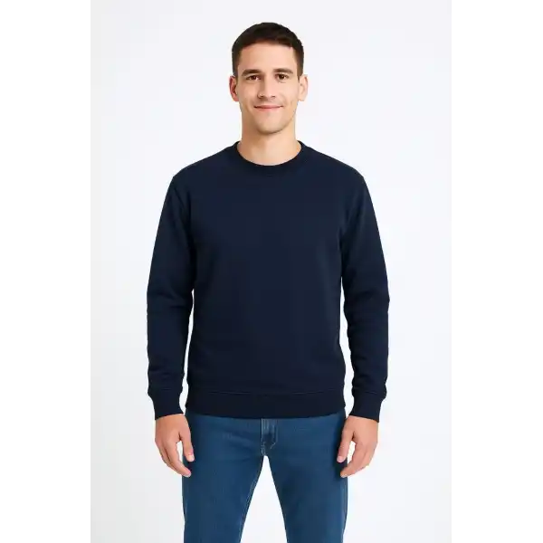 Erkek 3 İplik Pamuklu Düz Bisiklet Yaka SweatShirt - Lacivert