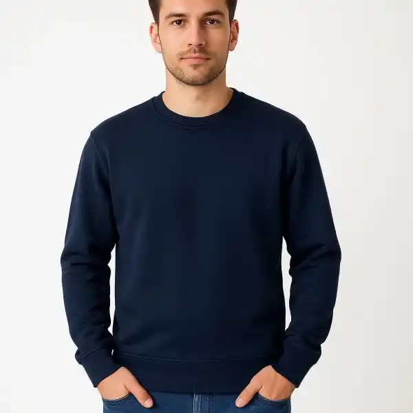 Erkek 3 İplik Pamuklu Düz Bisiklet Yaka SweatShirt - Lacivert