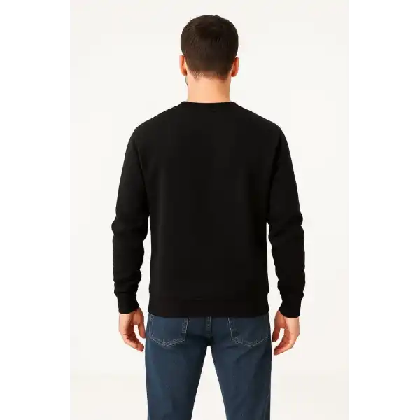 Erkek 3 İplik Pamuklu Düz Bisiklet Yaka SweatShirt - Siyah