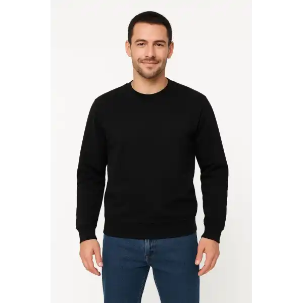 Erkek 3 İplik Pamuklu Düz Bisiklet Yaka SweatShirt - Siyah