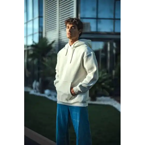 Erkek 3 İplik Pamuklu Kapüşonlu Basic SweatShirt Hoodie - Beyaz