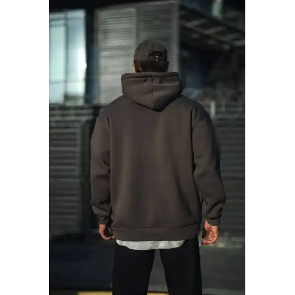 Erkek 3 İplik Pamuklu Kapüşonlu Basic SweatShirt Hoodie - Füme