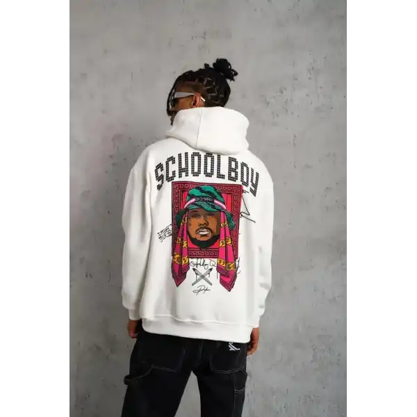 Erkek 3 İplik Pamuklu Kapüşonlu Baskılı Cepli Oversize Sweatshirt Hoodie - Beyaz