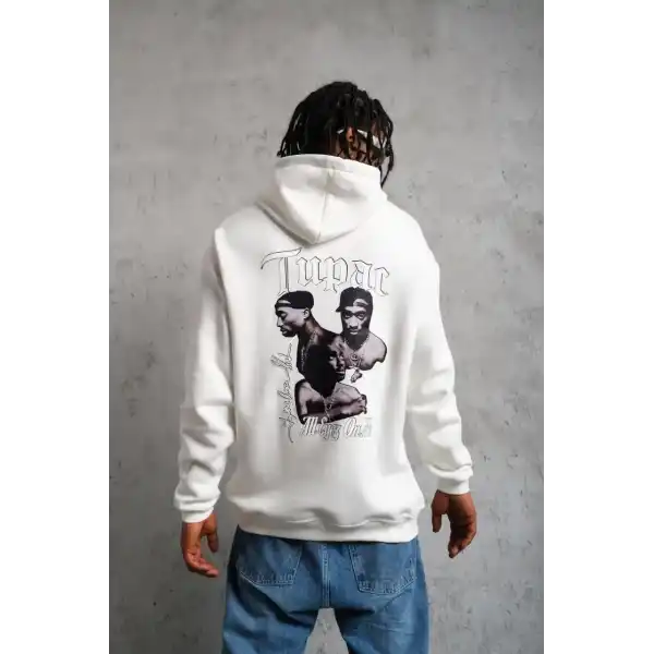 Erkek 3 İplik Pamuklu Kapüşonlu Baskılı Cepli Oversize Sweatshirt Hoodie - Beyaz
