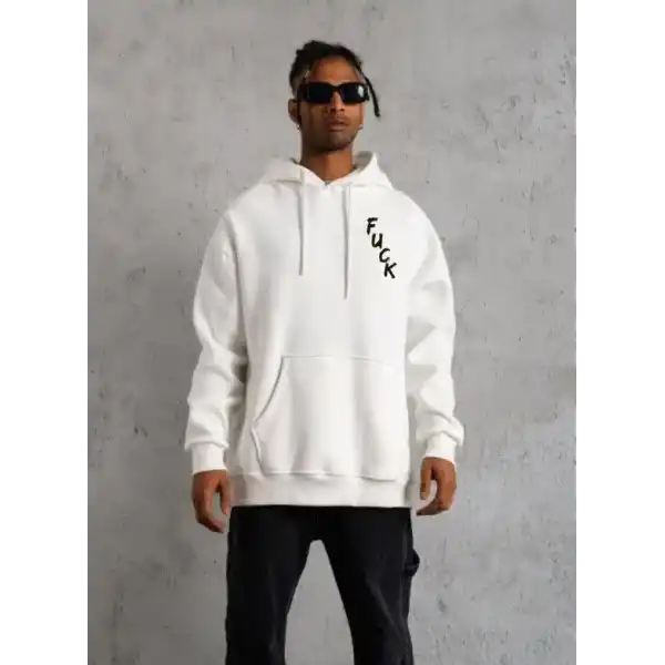 Erkek 3 İplik Pamuklu Kapüşonlu Baskılı Cepli Oversize Sweatshirt Hoodie - Beyaz