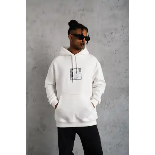 Erkek 3 İplik Pamuklu Kapüşonlu Baskılı Cepli Oversize Sweatshirt Hoodie - Beyaz