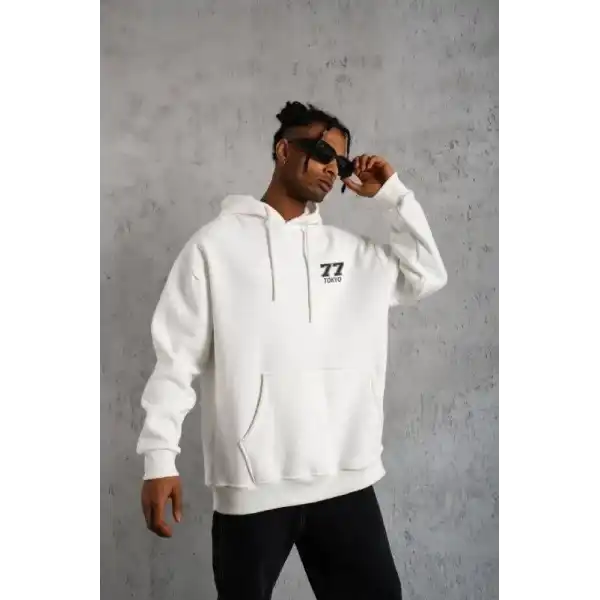 Erkek 3 İplik Pamuklu Kapüşonlu Baskılı Cepli Oversize Sweatshirt Hoodie - Beyaz