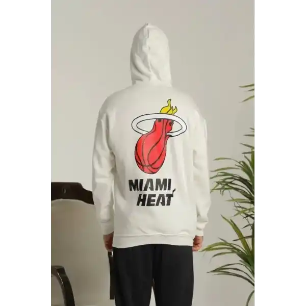 Erkek 3 İplik Pamuklu Kapüşonlu Baskılı Cepli Oversize Sweatshirt Hoodie - Beyaz