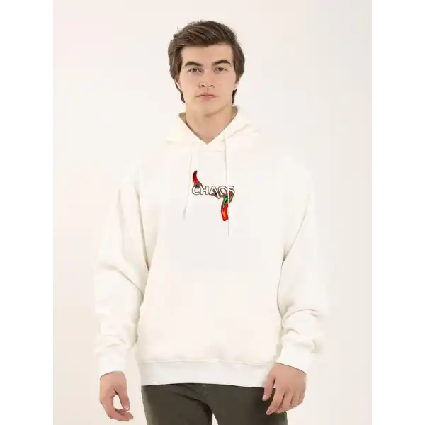 Erkek 3 İplik Pamuklu Kapüşonlu Baskılı Cepli Oversize Sweatshirt Hoodie - Beyaz