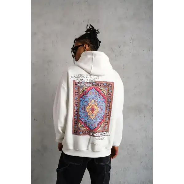Erkek 3 İplik Pamuklu Kapüşonlu Baskılı Cepli Oversize Sweatshirt Hoodie - Beyaz