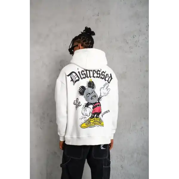 Erkek 3 İplik Pamuklu Kapüşonlu Baskılı Cepli Oversize Sweatshirt Hoodie - Beyaz